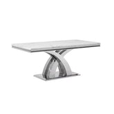 Ottavia Marble Top Dining Table with 1.8m marble surface and chrome X-leg base. Modern, durable, scratch-resistant and seats six. Stylish luxury dining.