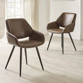 Shop Parker Brown Faux Leather Dining Chairs with padded seats, curved armrests and black metal legs. Available in sets of 4, 6 or 8. Free Delivery