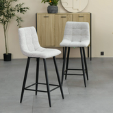 Pair of Grey Boucle Bar Stools with black legs styled in a room