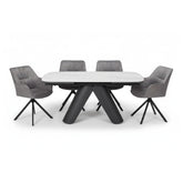 Pearl White Ceramic Extending Dining Table with 6 Comic Fabric Swivel Dining Chairs