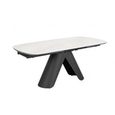 Perla Large 1.8M Matt White & Cosmic Grey Vein Ceramic Extending Dining Table with Artistically designed Black Metal Base with Double Extension, Size 180cm when close and 280cm when extended 10 to 12 Dinners