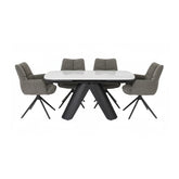 Luxury Pearl ceramic extending dining table with 6 swivel chairs. Italian ceramic top, black base, soft fabric seats and auto-return mechanism.