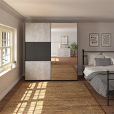 Portvelle Stone Effect Grey and Graphite Decor Sliding Door Wardrobe With Mirror - Pendle Village Furniture