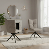 Two upholstered Umbria Oatmeal Fabric Swivel Armless Dining Chairs in room
