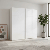 Modern interior with a Rauch Forms White Glass 2 Door Slider Wardrobe door and a plant.