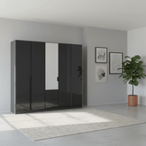 Mulheim 5 Door Basalt Glass Wardrobe with Mirror and Drawers