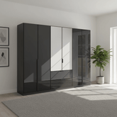 Mulheim 6 Door Basalt Glass Wardrobe with Mirror and Drawers