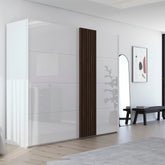 Rauch Tegra Fusion White Glass and Walnut Oak Sliding Door Wardrobe - Pendle Village Furniture