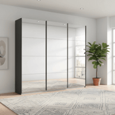 Modern wardrobe with glass doors in a bright room with a plant and rug.