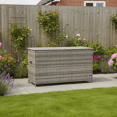 Rivanta rattan garden storage box with spacious outdoor capacity.