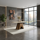 Shop the Rosa dining table with brass sculptural base and Pandora Classico stone top. Luxury 160cm modern dining table.