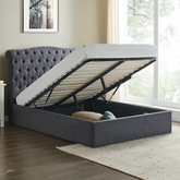 Rosina Storage Luxe Bed. Dark Grey Fabric Upholstered Double with Ottoman Base. Also available in Light Grey and Natural fabric