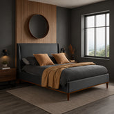 Velvet upholstered bed with elegant headboard and modern design.