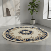 Royal Cream & Blue Round & Half Moon Traditional Hand Tufted Wool Rugs