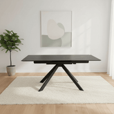 Black dining table in a room with a plant and abstract art on the wall.