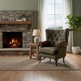Sage Herringbone Tweed with Antique Tan Leather High Round Back Wing Chair