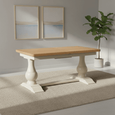 Salford oak and white double pedestal extending dining table with French Country styling. Extends from 160cm to 200cm and seats up to 8 people.