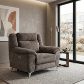 Modern & Glamour Monroe Spencer Brown Chenille Fabric Power Recliner Arm Chair with Chrome Metal Legs
