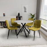 Grey Granite effect Round Dining Table and 4 Yellow Brushed Velvet Dining Chairs - Pendle Village Furniture
