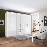 Templin 1000 White Glass 6 Door 3 Drawers 225cm Hinged Wardrobe Free Assembly - Pendle Village Furniture