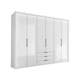 Templin 1000 White Glass 6 Door 3 Drawers 225cm Hinged Wardrobe Free Assembly - Pendle Village Furniture