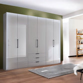 Templin 1000 Pebble Grey Glass 6 Door 3 Drawers 300cm Hinged Wardrobe Free Assembly - Pendle Village Furniture