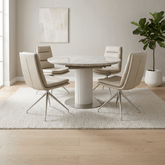 Tamworth Round Extending Dining Table with Nobel Taupe Swivel Dining Chairs in Modern Room