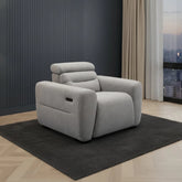 Stylish grey boucle recliner chair for contemporary living spaces.