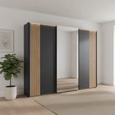 Tulsa 3 Door Graphite Sliding Door Wardrobe with Oak Decking and Mirror