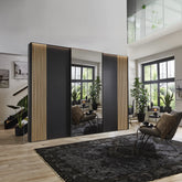 Tulsa 3 Door Graphite Sliding Door Wardrobe with Oak Decking and Mirror - Pendle Village Furniture