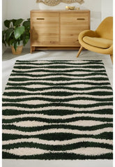 Twist Pulse green rug with bold pattern and shaggy texture.