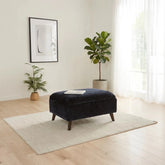 Modern chenille storage footstool with hidden compartment and compact stylish design.