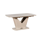 Varello cream sintered stone extending dining table with butterfly leaf and sculptural base. Durable, elegant and perfect for modern dining spaces.