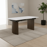 Vigo extending dining table with a white sintered stone top, walnut fluted pedestal base and smooth extension. Extends from 170cm to 210cm.