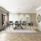 Eclipse Visage 160 - 240cm 5.5mm Grey Ceramic on 8mm Glass Extending Dining Table with artistically designed Grey Metal Base at Pendle Village Furniture - Styled in a Room with Matching dining Chairs