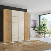 Zenith 200cm 4 Door Hinged Wardrobe Bianco Oak with Champagne Glass - Pendle Village Furniture