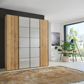Zenith 200cm 4 Door Hinged Wardrobe Bianco Oak with Pebble Grey Glass - Pendle Village Furniture