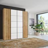 Zenith 200cm 4 Door Hinged Wardrobe Bianco Oak with White Glass - Pendle Village Furniture