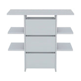 A light gray three-drawer cabinet with open side shelves, shown from a front-facing angle against a plain white background.