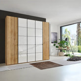 Zenith 250cm Bianco Oak with White Glass 5 Door Hinged Wardrobe - Pendle Village Furniture