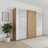 Tulsa 3 Door White Glass Sliding Door Wardrobe with Oak Decking