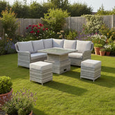 Zavion square corner rising dining set with compact outdoor seating.