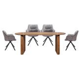 Tofino Mango Wood Oval Dining Table with Comic Silver Grey Swivel Chairs - Pendle Village Furniture
