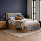 High quality wood effect bed with soft fabric panels.