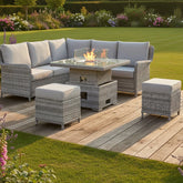 Modern square L-shape garden sofa set with firepit table design.