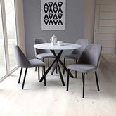 White Marble effect Round Dining Table and 4 Grey Linen Effect Dining Chairs - Pendle Village Furniture