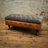 Oswald & Pablo Conrad Grey Chesterfield Velvet and Leather Footstool - Pendle Village Furniture