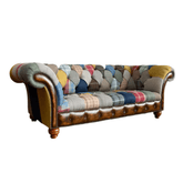 Oswald & Pablo Cotswold Tan Leather Detail Patchwork Chesterfield Sofa - Pendle Village Furniture