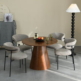 Walnut effect Round Dining Table and 4 Tweed oatmeal Dining Chairs - Pendle Village Furniture