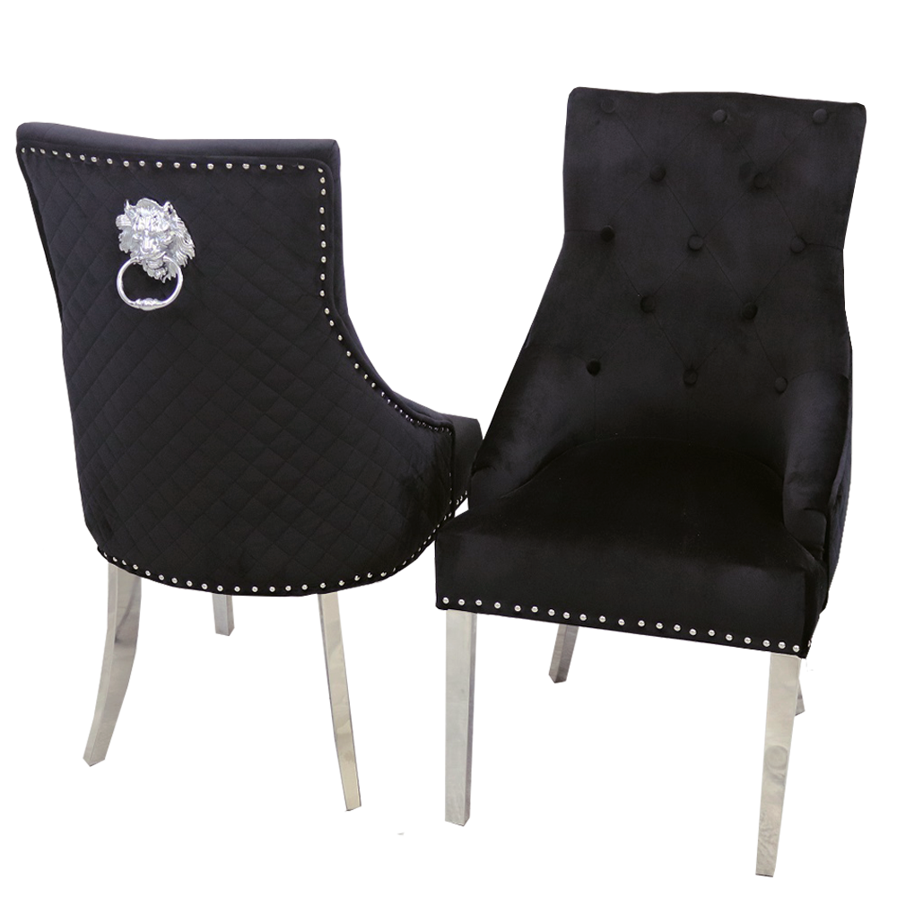 Black velvet Chrome Legs Dining Chairs with Chrome Lion knockerback - 001